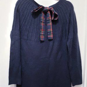 Navy blue sweater dress with plaid bow